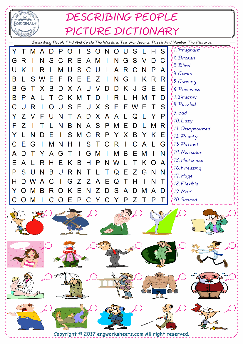  ESL wordsearch worksheets for kids, find Describing People words in the word wordsearch write its number on its picture English worksheet. 